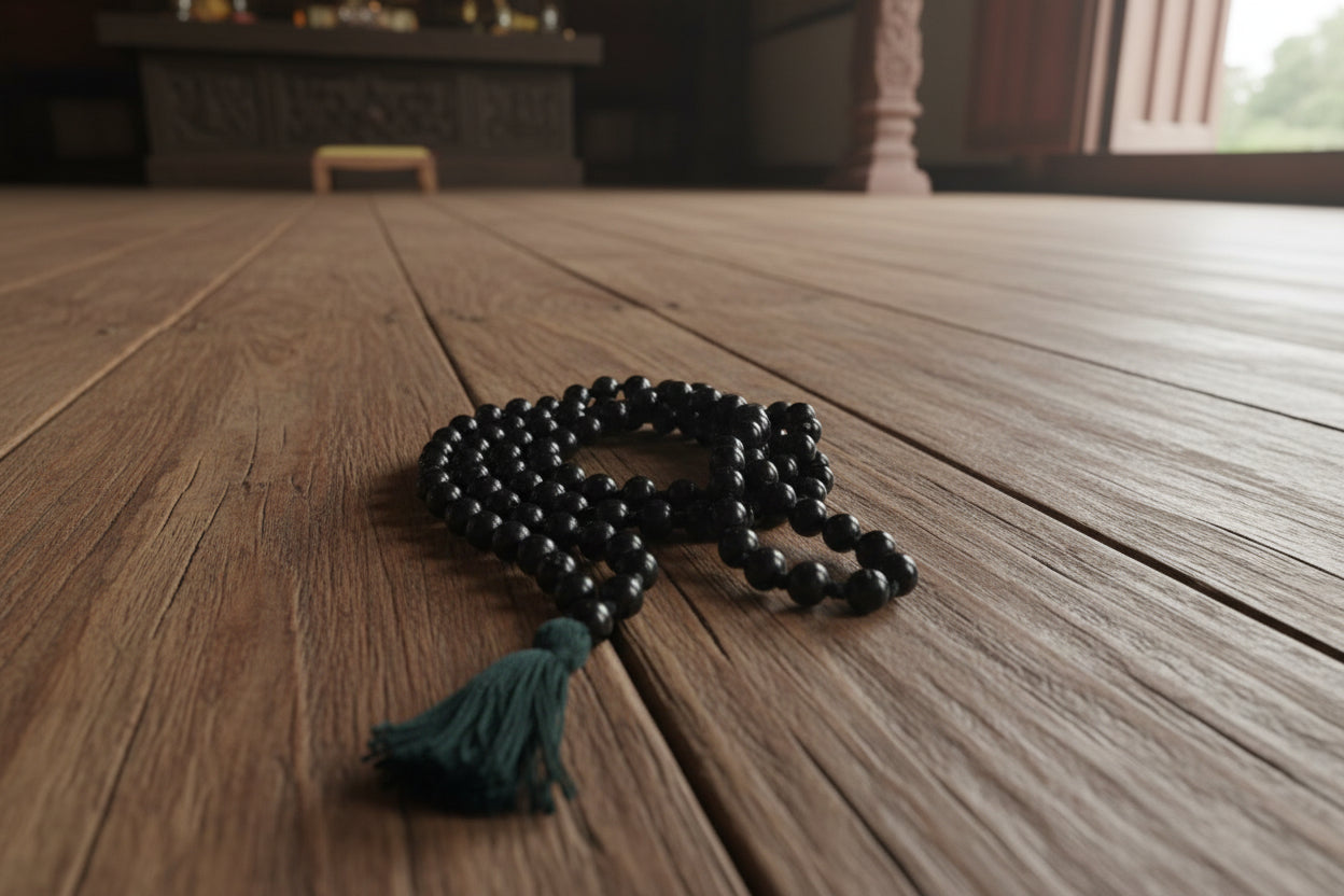 A dark ebony wood necklace mala with black knots and a black tassel, displayed on a white background.
